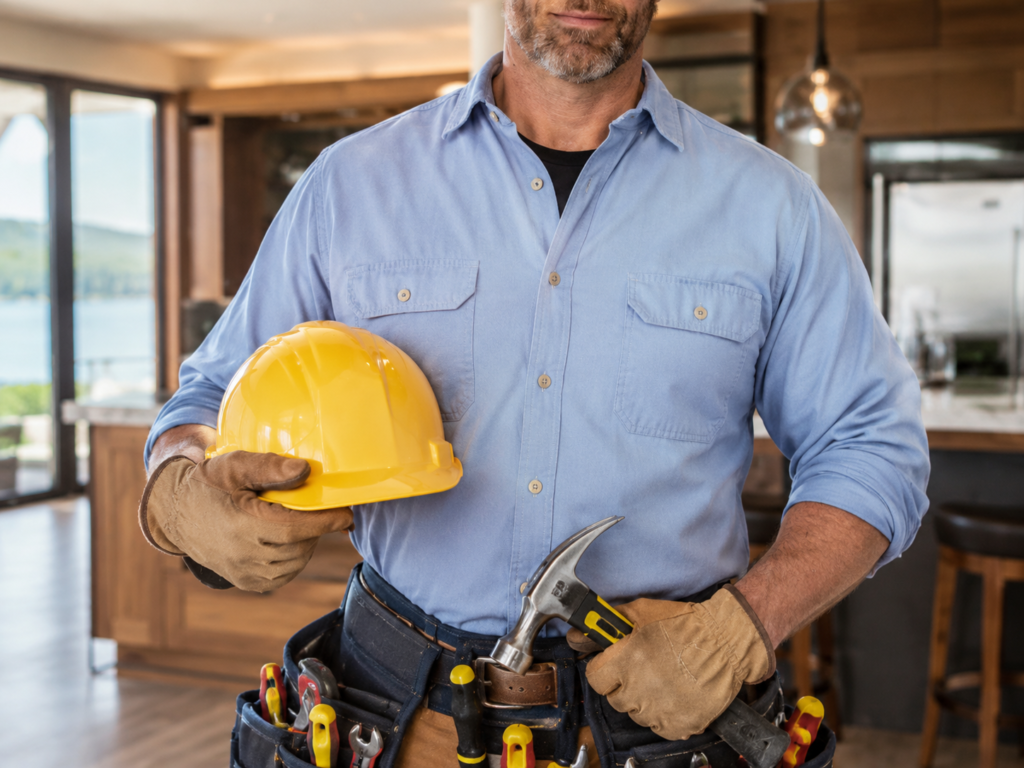 man holding a hard hat and a hammer